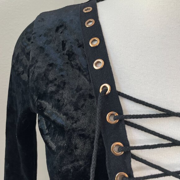 Vintage Y2K Windsor Womens Medium Black Velvet Lace Up Bodysuit Goth Vamp - Picture 7 of 12